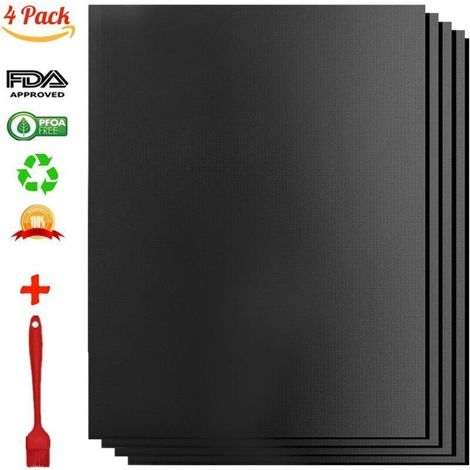 Tapis de Cuisson pour Barbecue et Four, Lot de 4 Tapis BBQ Anti-adhérent Réutilisable Nettoyable, Idéal au Gaz Charbon, 330 x 400 x 0.2 mm (1/4)