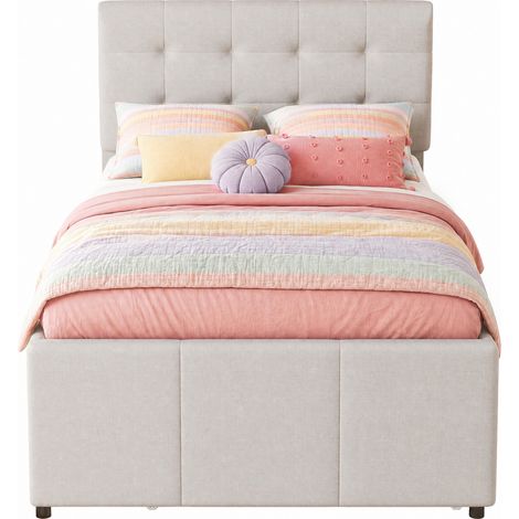 Letto singolo 90x200 cm con letto estraibile 90x190 cm, 3 cassetti contenitore, testiera regolabile, imbottito beige in tessuto, senza materasso – CHICFURN (1/5)