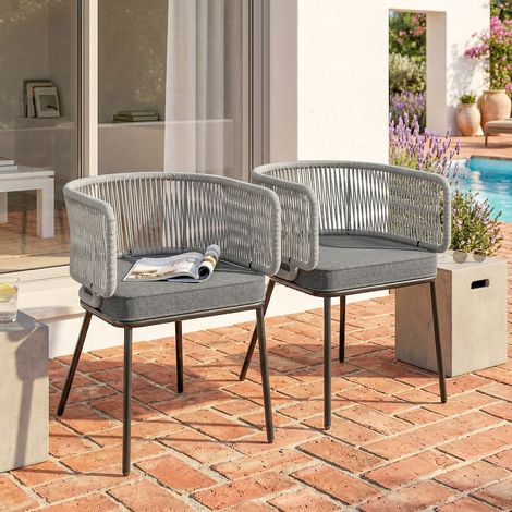 Lot de 2 Fauteuils de Jardin, Dossier Accoudoirs Corde, Coussins, 46x58x72 cm, Gris Clair (1/5)
