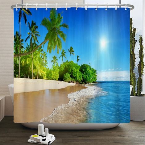 Rideau de douche 3D motif plage, rideau de salle de bain mer Méditerranée, tissu imperméable, dimensions : 180 cm x 240 cm.