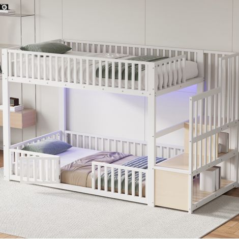 Cama litera con LED y escalera para almacenaje blanca OKMYHOME (1/5)