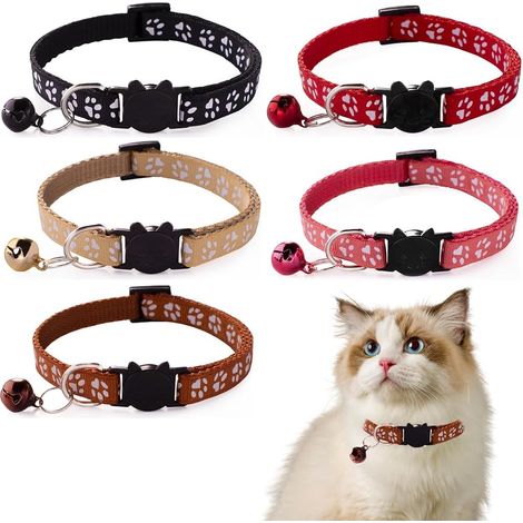 5 Pièces Colliers Chats Anti Étranglement Motif Chat Avec Boucle de Sécurité Et Clochette Colliers Chats Taille Ajustable 5 Couleurs (1/5)