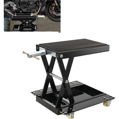Table de levage de moto, cadre en acier solide, plage de hauteur réglable, roues en fonte, manivelle lisse, conception stable (1/5)