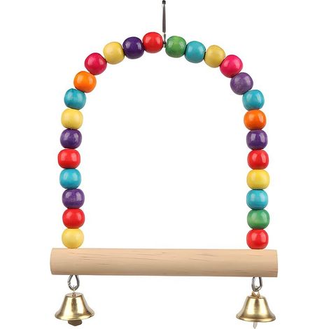Balançoire en bois naturel avec perles colorées et clochettes pour oiseaux (1/5)