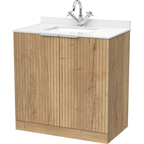 Callingwood Contemporary Floor Standing 2 Door Vanity Unit with Marble Worktop with Basin , 800mm, Autumn Oak (1/4)