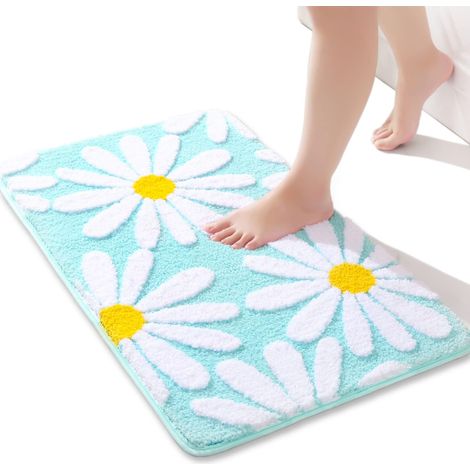 Tapis de bain vert à fleurs blanches 40 x 60 cm, tapis de bain antidérapant pour salle de bain, tapis de bain en microfibre douce, tapis de sol super absorbant pour salon, douche (1/5)