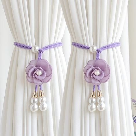 2 liens de rideau en fleurs de rose artificielles, design vintage et romantique pour Saint-Valentin, cordons de rideau réalistes, sans percer, décoration de chambre et salon (violet) (1/5)