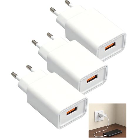 3 Pack Chargeur USB 5V 2A Chargeur 10W Prise Secteur USB Compatible avec Écouteurs, Lecteur Ebook, Smartwatch/Ecouteurs, Lampe Table, Consoles Jeux, Routeur, Bluetooth Speaker Blanc (1/5)
