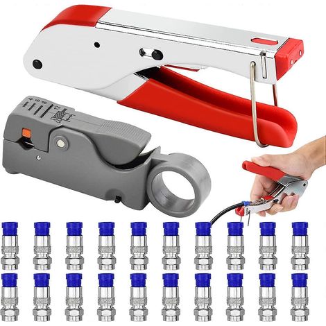 Kit de pinces à sertir, dénudeur de câbles, pince à sertir avec fiche F 20, outil de compression pour câble coaxial, pince à sertir à double lame RG59 RG6, sertissage de fils (1/5)
