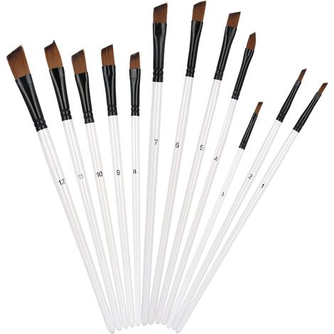 Ensemble de 12 pinceaux en nylon, manche en bois, blanc nacré, styles variés, pour peinture à l'huile et acrylique, tête oblique.