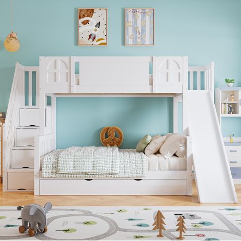 Letto a castello per bambini con scivolo, 90x200 e 120x200, bianco OKMYHOME (1/5)