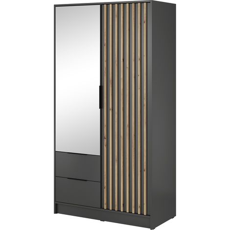 Emporius Armoire avec miroir 100 cm Fioro - armoire à portes battantes avec lamelles, 2 portes, Graphite (1/4)