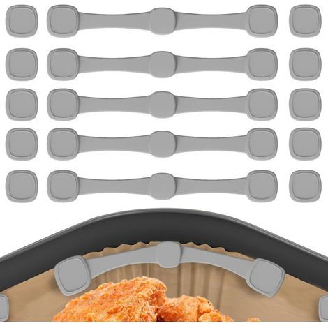 Set mit 5 magnetischen Silikonclips für Heißluftfritteusen, bestehend aus 5 Streifen und 10 Magnetschlaufen für Backpapier, die das Anhaften von Einwegpapierblättern verhindern.