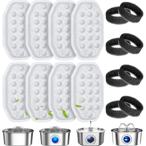 Wasserbrunnenfilter für Haustiere – Set mit 16 Ersatzfiltern und Schaumstoff-Vorfiltern für einen 3,2 Liter (108 oz) Edelstahl-Wassernapf mit Wasserstandsanzeige.