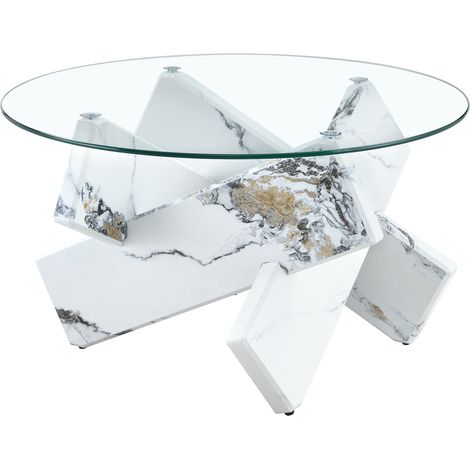 Mesa de centro redonda de MDF y vidrio templado 79 cm blanca efecto mármol HOMVRA (1/5)