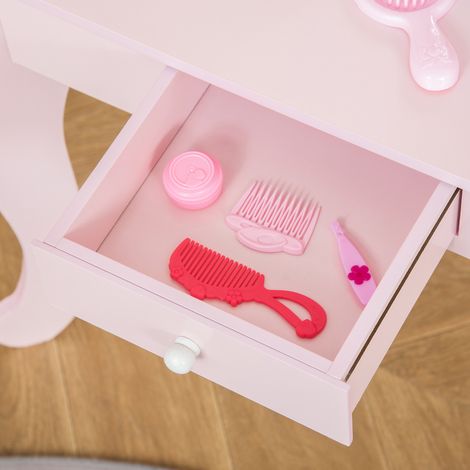 Table de coiffure enfant rose avec tabouret en bois et miroir, 60x36x88cm, bureau de maquillage avec tiroir (1/5)