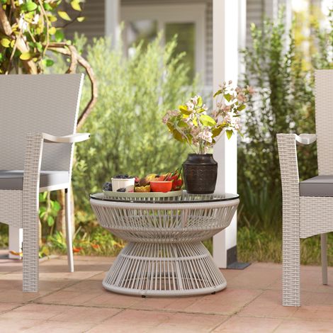 Table basse de jardin ronde. table d'appoint en résine aspect rotin et plateau verre trempé Ø 60 x 37H cm