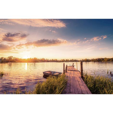 Papier peint panoramique beige et bleu nature | Tapisserie panoramique paysage lac pour bureau | Papier peint panoramique coucher de soleil - 267 x 400 cm (4 pièces) (1/2)