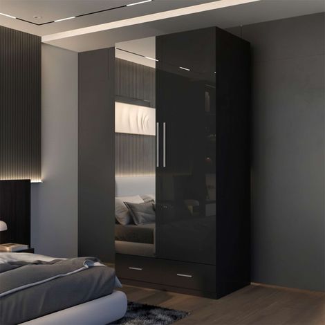 2 Door High Gloss Hinged Wardrobe with Mirror Drawers and Storage - Black 90cm (1/2)