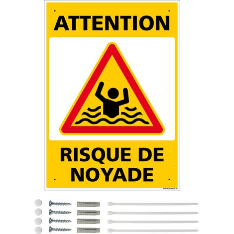 Panneau de signalisation prépercé PVC ou ALU rectangulaire + kit de fixation - Attention, risque de noyade - PVC 1 mm - 300 x 420 mm
