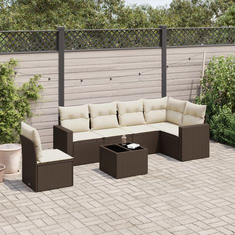7-tlg. Garten-Sofagarnitur mit Kissen Braun Poly Rattan (1/3)