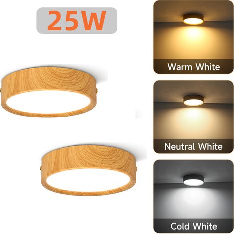 Lot de 2 Spots LED 25W, 3 Couleurs de Lumière, Plafonniers Ronds en Saillie, Effet Bois Naturel, Éclairage Puissant et Moderne pour Salon Chambre Cuisine (1/5)