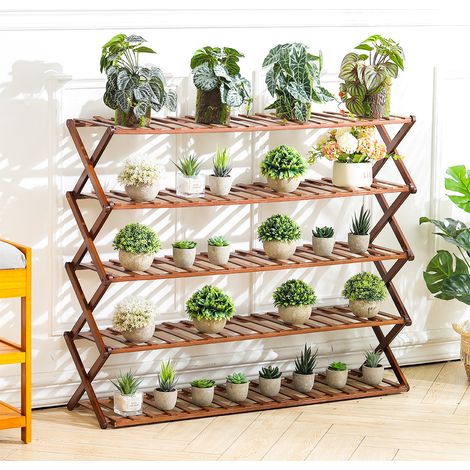 Brown 5 Tier Bamboo Flower Stand Rack Indoor for Patio Garden Balcony (1/5)