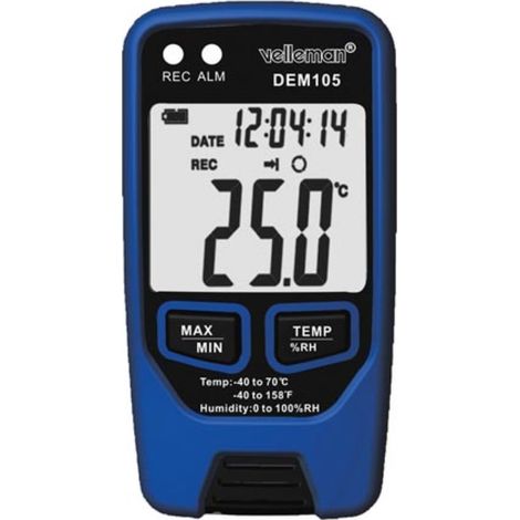 Velleman Datalogger, misst Temperatur und Feuchtigkeit, USB, LCD-Display, lauter Alarm, lange Akkulaufzeit