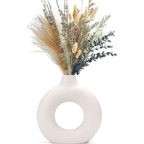 Jarrón para hierba de la pampa y flores secas, jarrón de cerámica con forma de rosquilla, redondo, jarrón decorativo moderno para sala de estar u oficina, color beige. (1/5)