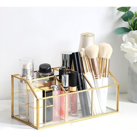 Bardusch-Organisateur cosmétique doré vintage en verre, rangement pinceaux et produits, élégant pour coiffeuse. (1/5)