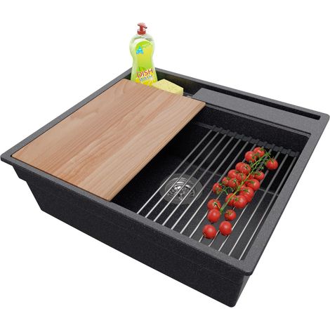 PRIMAGRAN Evier Cuisine en Granit 58x53cm, Lavabo 1 bac + Kit de Vidage + Accessoires, Évier à Encastrer au meuble 60cm - Oslo Pocket, Graphite (1/5)