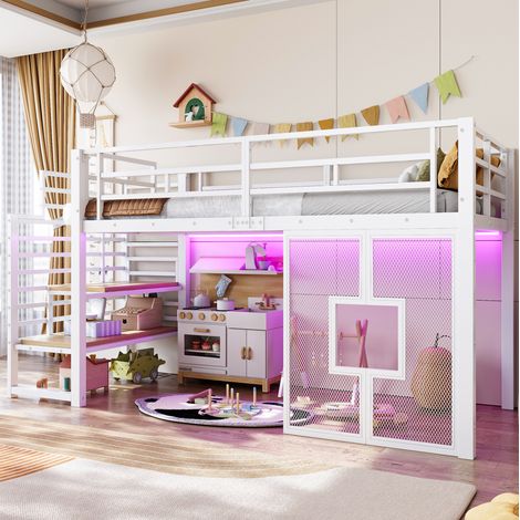 Hochbett 90x200 cm aus Metall mit Treppe, Stauraum, LED und Fenstern, weiß, OKMYHOME (1/5)