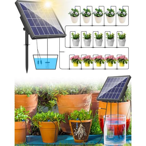 Sistema de riego solar por goteo Biling - Sistema de riego solar automático de 2200 mAh - Sistema de riego solar de 2,5 W con 15 goteros para jardín, plantas, bancales elevados e invernadero.