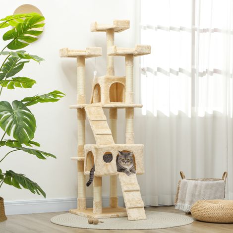 Arbre à chat à griffer, 173 cm, tour d'escalade avec 2 niches, 3 couchages, 2 rampes, poteaux en sisal, 2 souris suspendues, beige