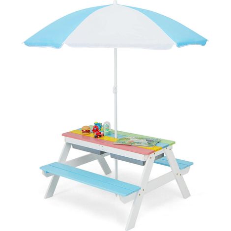 Activités et Repas Table Pique-Nique Enfant 4 Places avec Parasol Anti-UV et 2 Bacs Jardin et Terrasse (1/5)