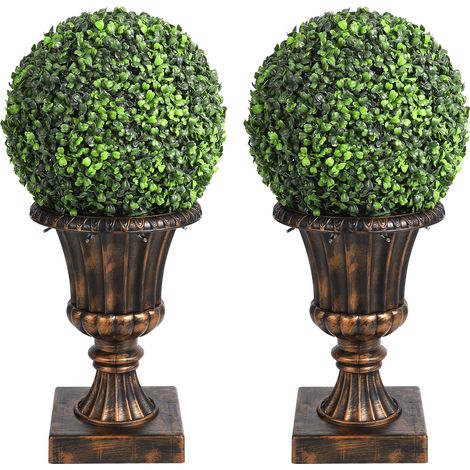 Topiaires lumineuses réalistes – Lot de 2 boules de buis artificielles avec pots vintage - 38 LED blanc chaud - Résistantes UV - 2 x 24" de haut - 38 warm white lights (1/5)