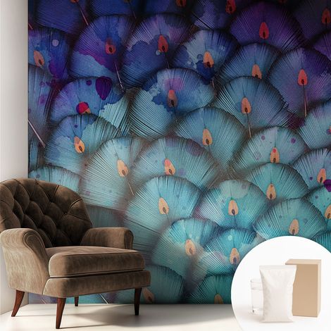 Papier peint intissé à motifs décoratifs pour salon chambre et bureau Décoration murale élégante avec colle Plumes colorées 250x250 cm (1/5)