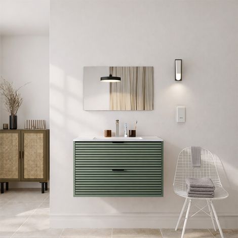 Mobile da bagno scanalato verde e nero, 80 cm - 2 cassetti, lavabo e specchio - MALO