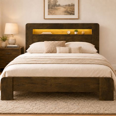 Cadre de lit en bois vintage 140 x 200 cm avec rangement tête de lit, éclairage LED intégré, prises électriques, lit plateforme moderne (1/4)