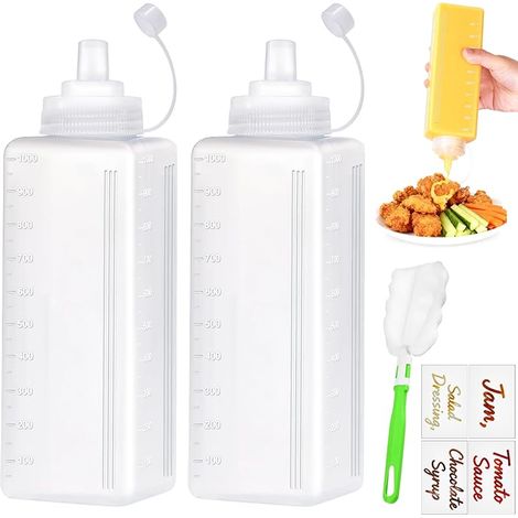 2 Pièces Bouteille Sauce 1000ml Pipette Cuisine Plastique Flacon Sauce Squeeze Bottle Transparent Souple Réutilisable avec Pinceau et Étiquette pour Condiments Ketchup Mayo BBQ Huile D'Olive