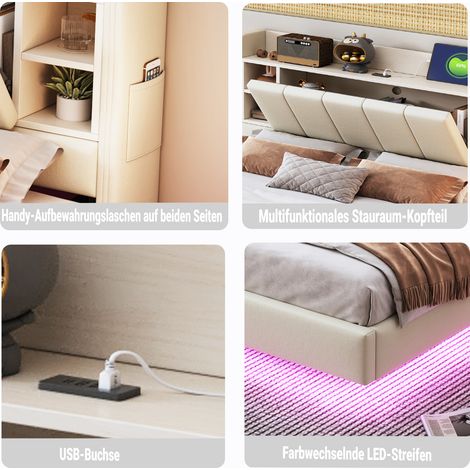Lit double en lin beige 160x200 cm, sommier à lattes avec cadre métallique robuste, tête de lit réversible avec étagères et rangements, prises USB intégrées et bandeau lumineux LED. (1/5)