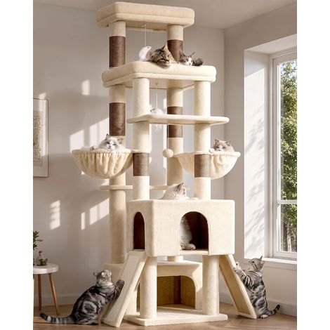 Arbre à Chat Beige XXL Solide 200 cm pour Chaton Chat Vieux (1/5)
