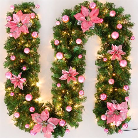MINKUROW Ghirlanda Di Albero Di Natale Artificiale, Ghirlande E Ghirlande Di Natale Da 270 Cm Con Fiore Rosa A Led E Palla Rosa, Ghirlande Di Natale Decorazione Per Porta Della Camera Da Letto Parete