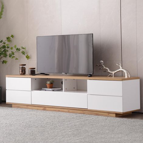 TV Lowboard 180 cm, Fernsehtisch mit 5 Türen und 8 Fächern, Holzbeine Eiche, großes Stauraum TV Möbel Weiß Holzoptik