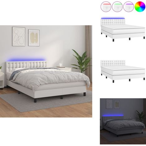Boxspringbett mit Matratze & LED Weiß 140x200 cm Kunstleder - Boxspringbett - Doppelbett - Bettenrahmen - Lederbettwäsche - Luxusbett (1/5)