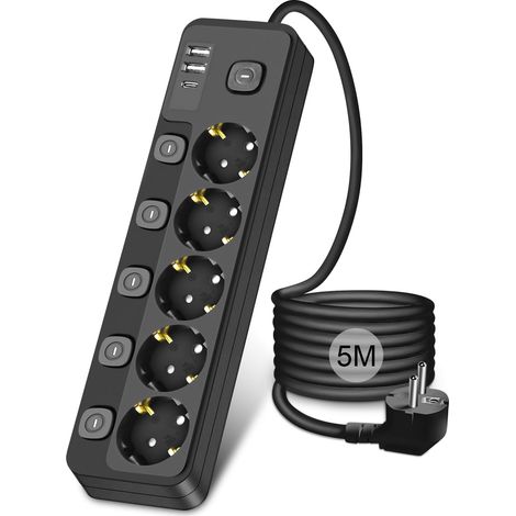 Multiprise avec interrupteur 5M, 5 prises Multiprise Electrique avec 2 USB-A et 1 USB C, Prise Multiple Parafoudre Parasurtenseur pour Bureau/Cuisine, noir (5M) (1/5)