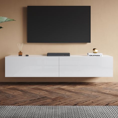 SONNI TV Schrank mit Schublade, Wandmontage/Standmontage, Moderner Hochglanz TV Board, Geeignet für Wohnzimmer und Schlafzimmer, Weiß, 1600 x 400 x 300 mm (1/5)