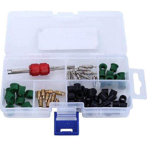 Kit de réparation de climatisation 71 pièces : outil pour obus de valve, 10 obus de valve, 50 joints de tuyau, 10 valves. (1/3)