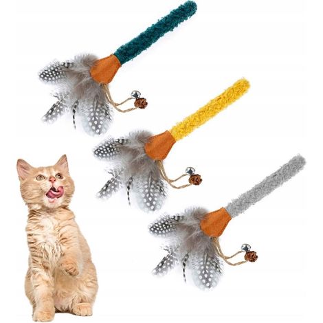 Canna da pesca per gatti con piume e palline, giocattolo da 3 pezzi, 22 cm