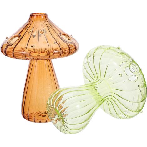 Lot de 2 Set de Vases Champignon en Verre Brun et Vert, Mini Vase Décoratif Hydroponique pour Petites Plantes D’intérieur, Jardinière de Rebord de Fenêtre Originale et Accessoires (1/5)